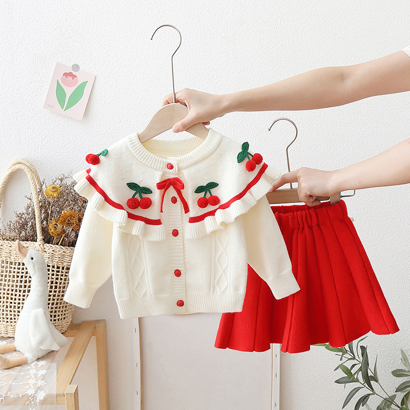 Yarn/wool Yarn Bow Embellished Long Sleeve Regular Two-piece Set - White Set - 130cm - image 2