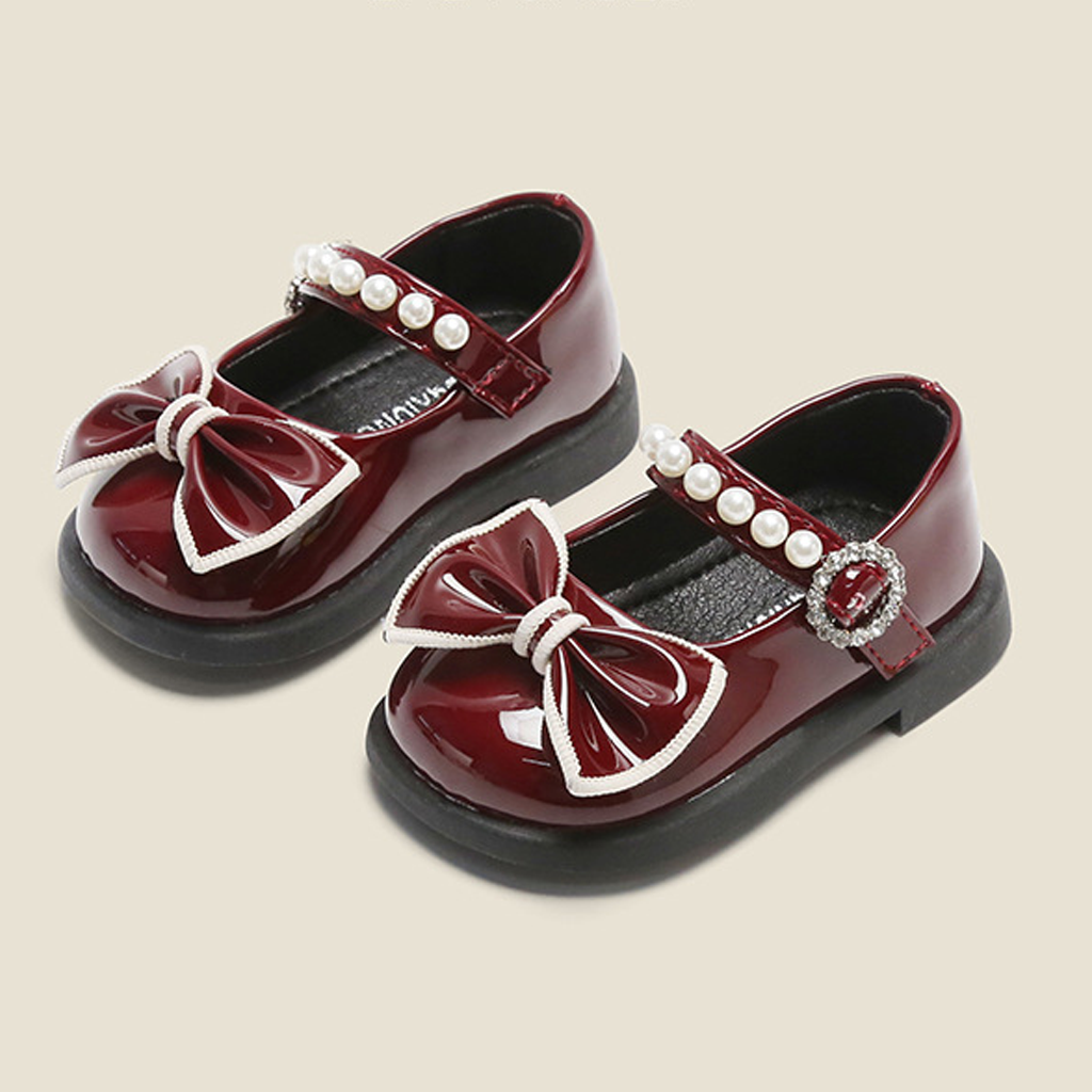 Solid Pearl Round Toe Mary Janes - Wine - 25码 - image 1