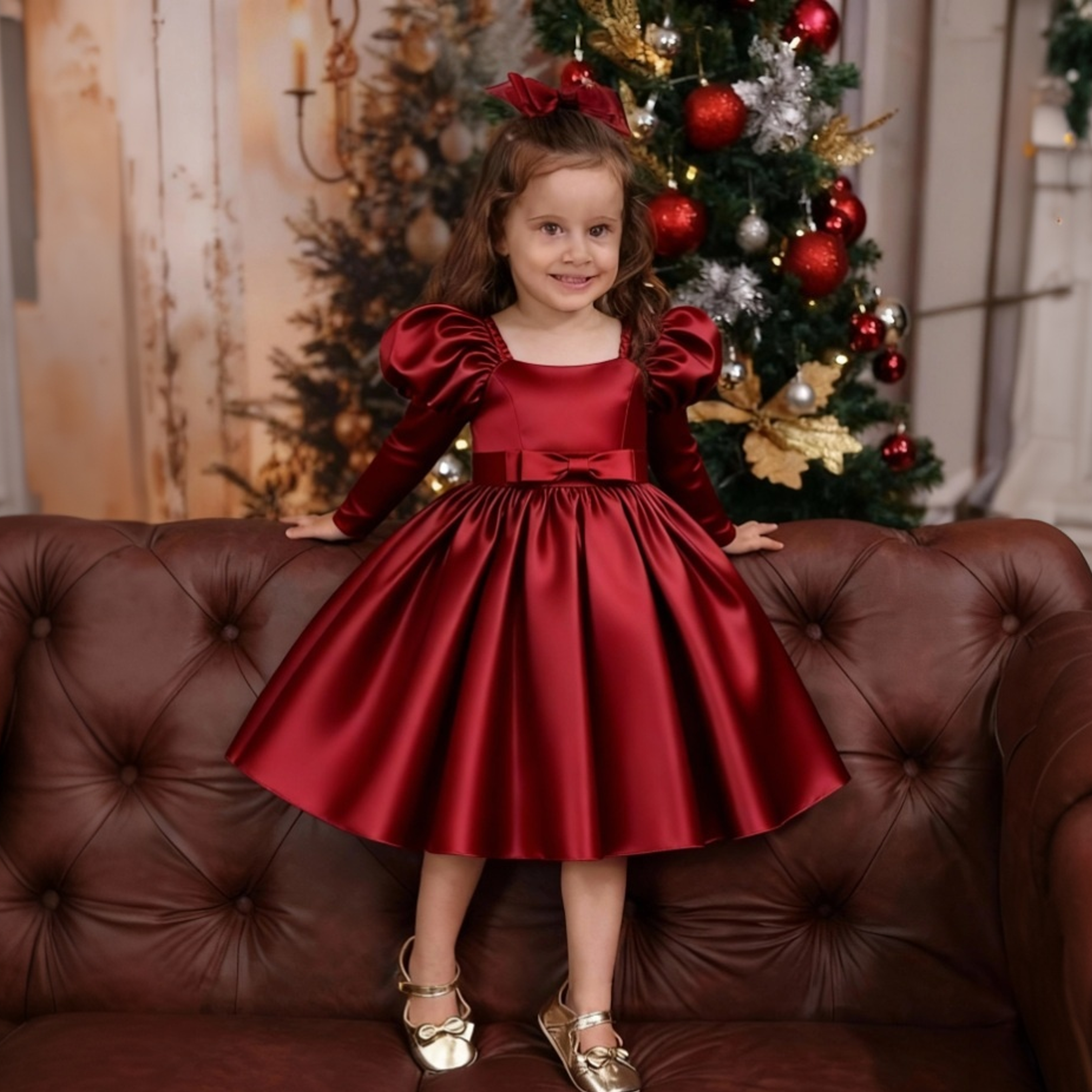 Satin Bow Long Sleeve Midi Dresses - Wine - 11-12Y - image 2
