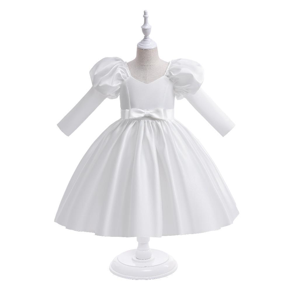 Satin Bow Long Sleeve Midi Dresses - White - 11-12Y - image 11