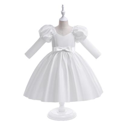 Satin Bow Long Sleeve Midi Dresses - White - 11-12Y - image 11