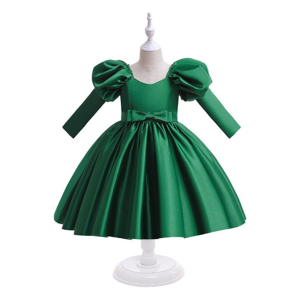 Satin Bow Long Sleeve Midi Dresses - Dark Green - 11-12Y - image 13