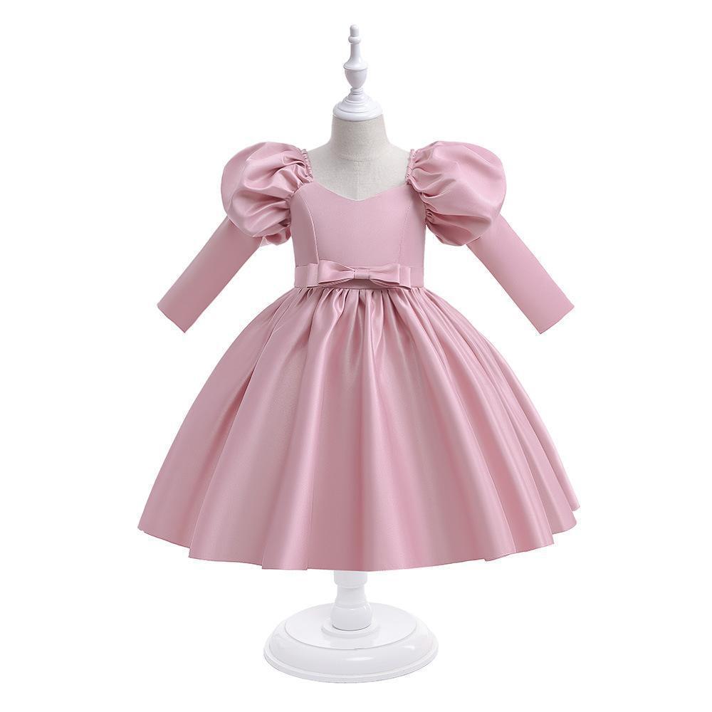 Satin Bow Long Sleeve Midi Dresses - Pink - 11-12Y - image 12