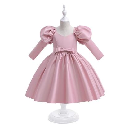 Satin Bow Long Sleeve Midi Dresses - Pink - 11-12Y - image 12