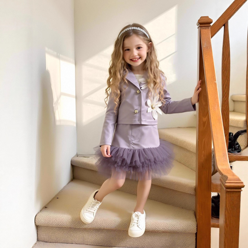 Cotton-blend Split Joint Rosette Long Sleeve Midi Two-piece Set - Purple - 7Y - image 2