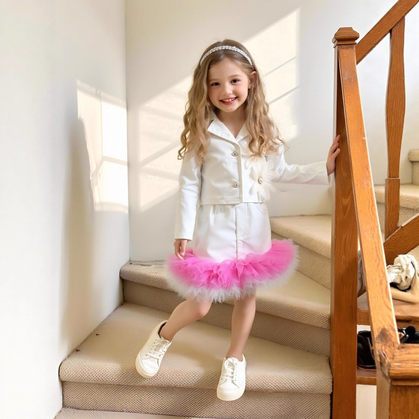 Cotton-blend Split Joint Rosette Long Sleeve Midi Two-piece Set - White - 7Y - image 1