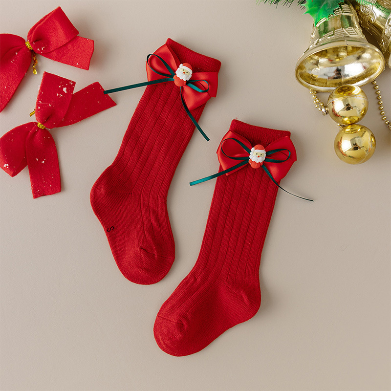 Solid With Bow Socks - Red Santa Claus - 2-4Y - image 9