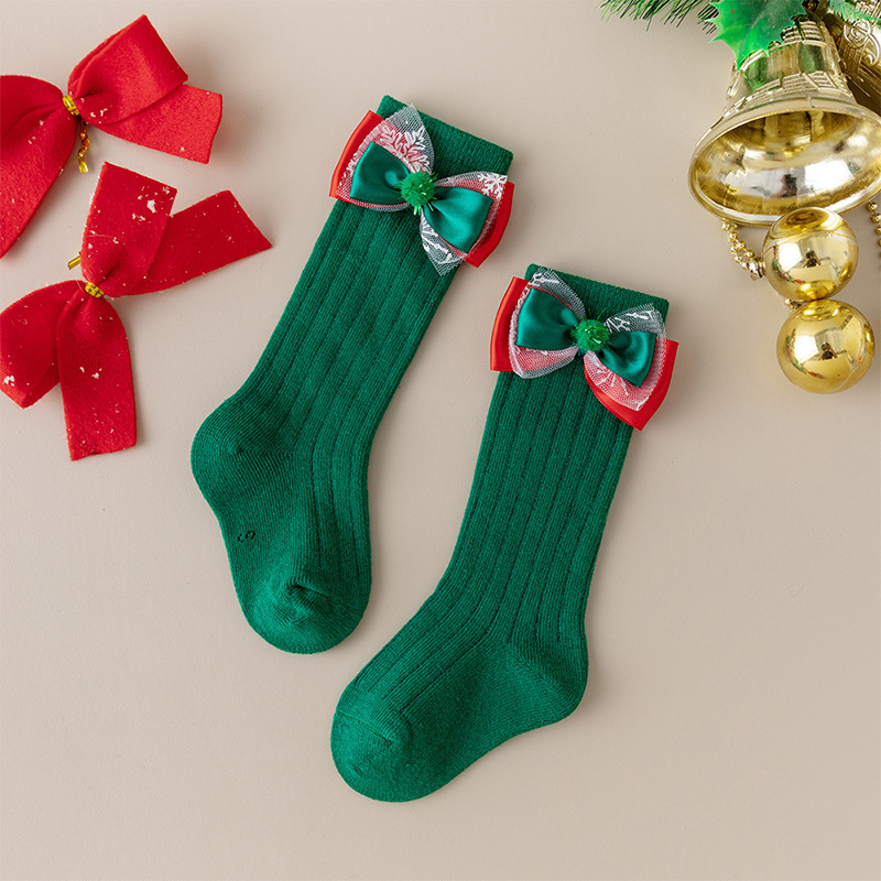 Solid With Bow Socks - Dark Green Plush - 2-4Y - image 2