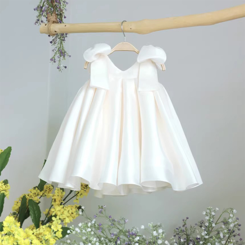 Satin Bow Sleeveless Mid-long Dresses - White - 6-7Y - image 1