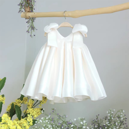 Satin Bow Sleeveless Mid-long Dresses - White - 6-7Y - image 1