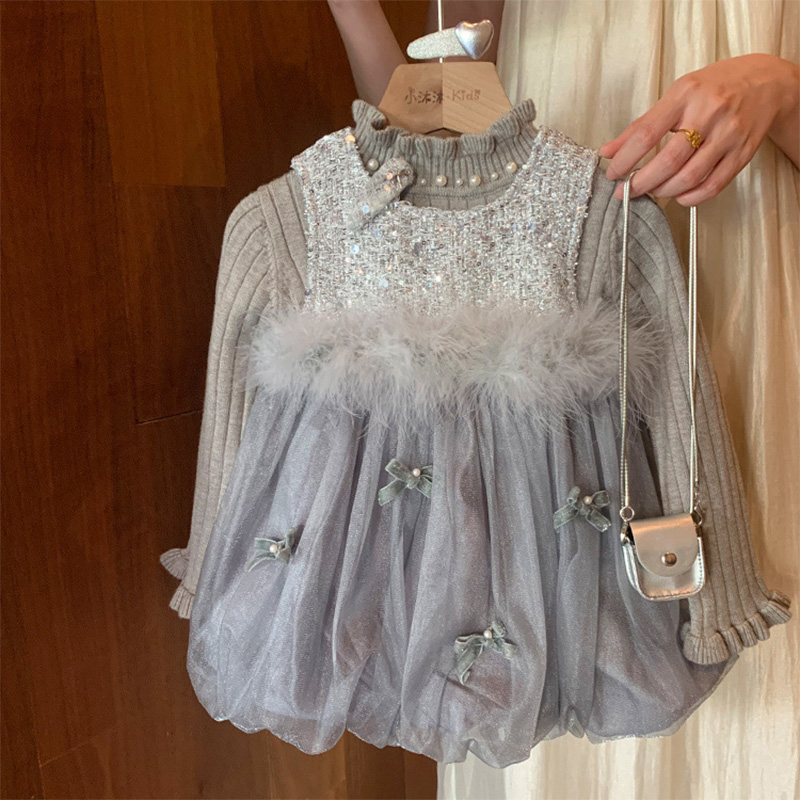 [Archive Sale] Mesh Bow Feather-trimmed Sleeveless Midi Dresses - Grey - 2-3Y【90cm】 - image 1