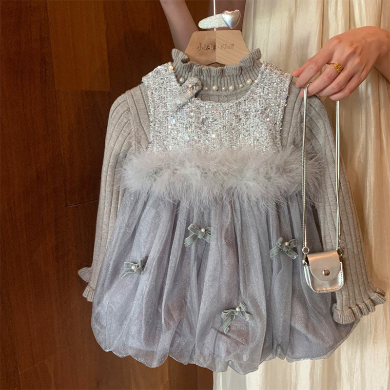 [Archive Sale] Mesh Bow Feather-trimmed Sleeveless Midi Dresses - Grey - 2-3Y【90cm】 - image 1