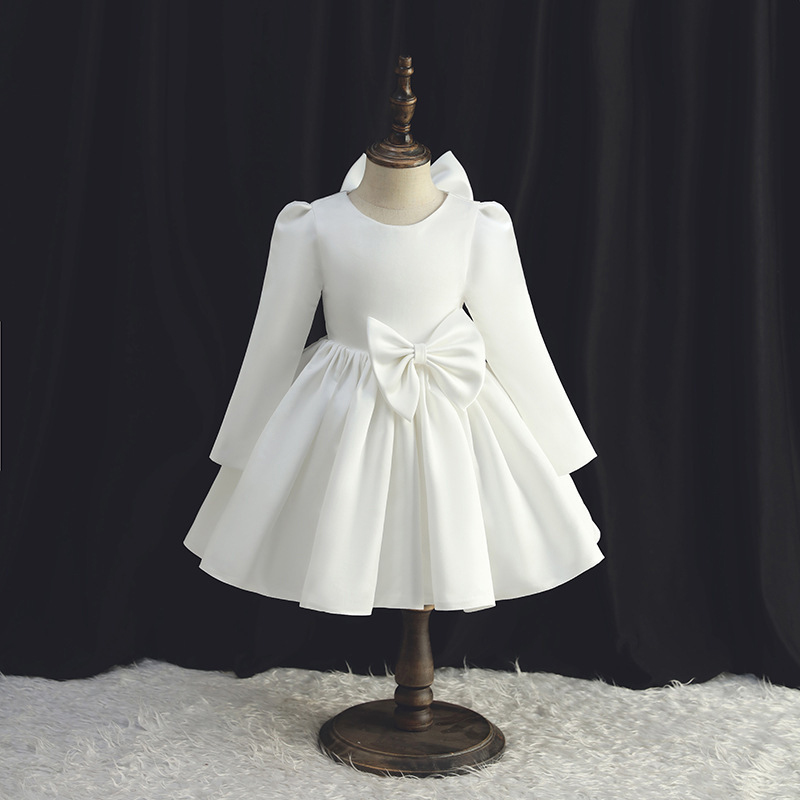 Satin Bow Long Sleeve Regular Dresses - White - 150cm - image 8