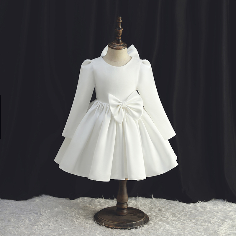 Satin Bow Long Sleeve Regular Dresses - White - 150cm - image 8