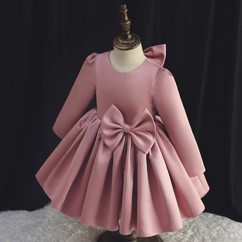 Satin Bow Long Sleeve Regular Dresses - Dark Pink - 150cm - image 1