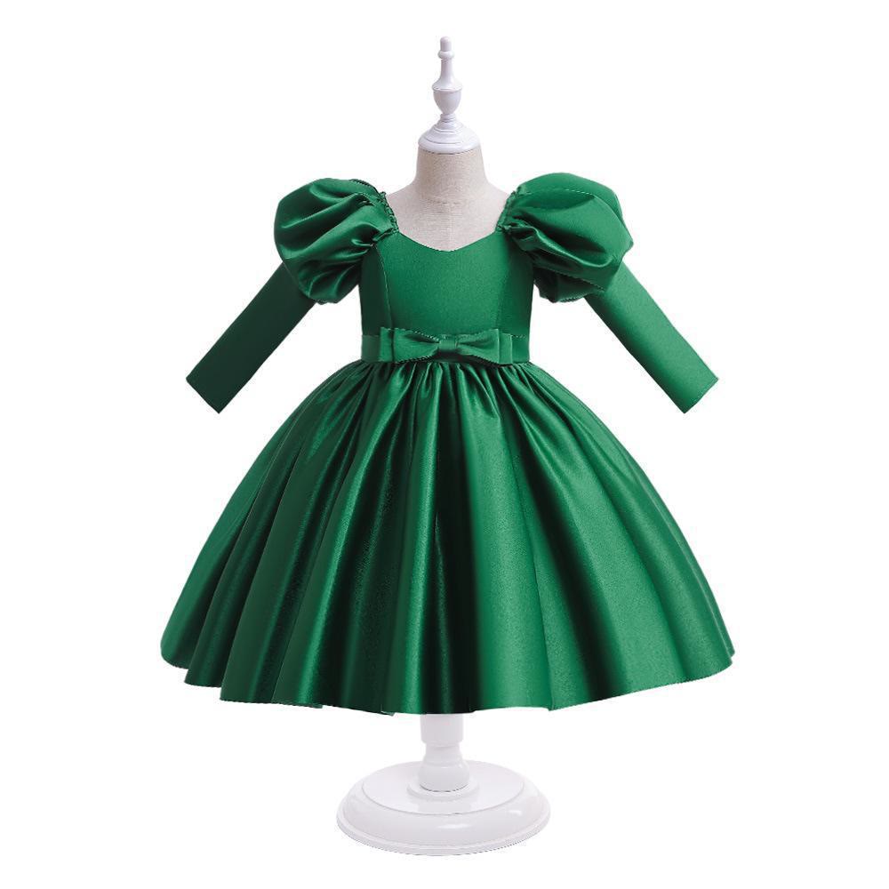 Satin Bow Long Sleeve Midi Dresses - Dark Green - 11-12Y - image 16