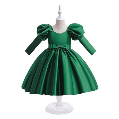 Satin Bow Long Sleeve Midi Dresses - Dark Green - 11-12Y - image 16