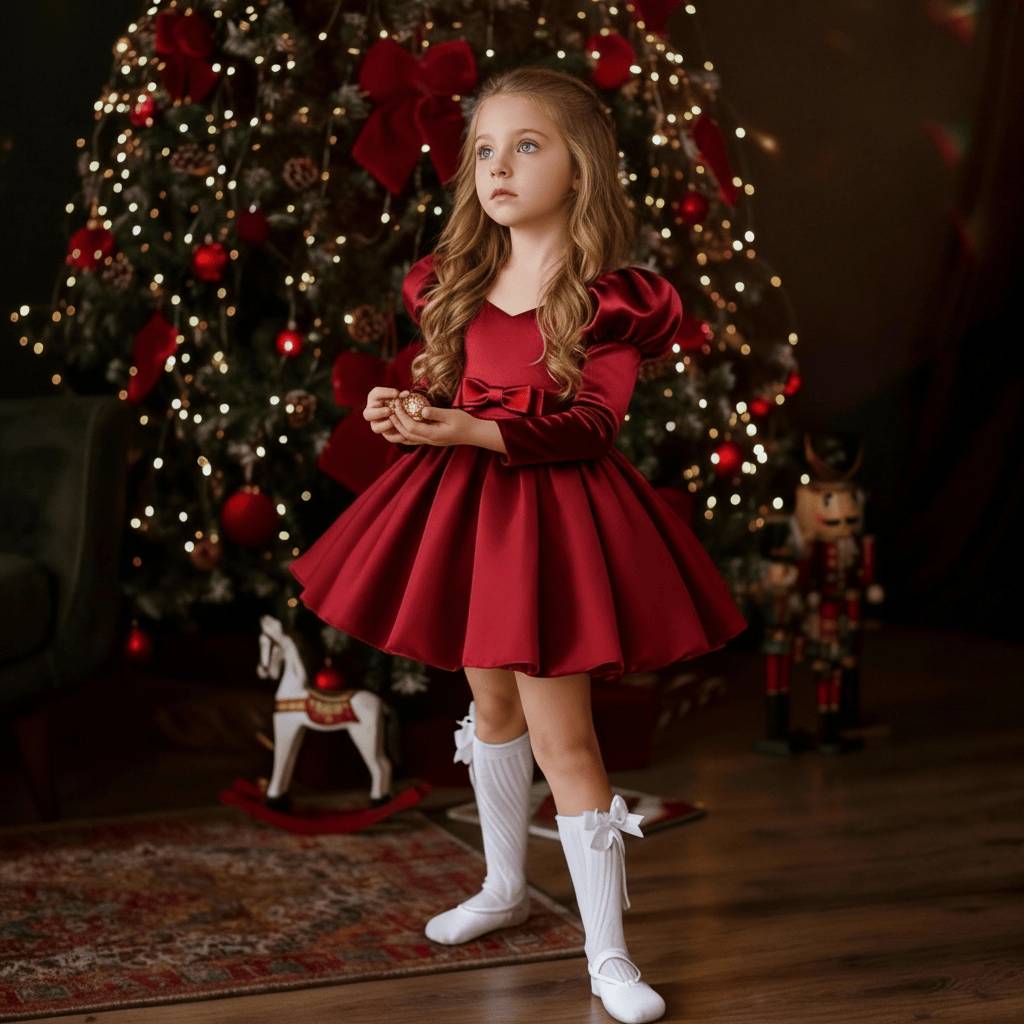Satin Bow Long Sleeve Midi Dresses - Wine - 11-12Y - image 2