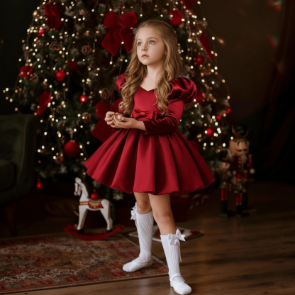 Satin Bow Long Sleeve Midi Dresses - Wine - 11-12Y - image 2