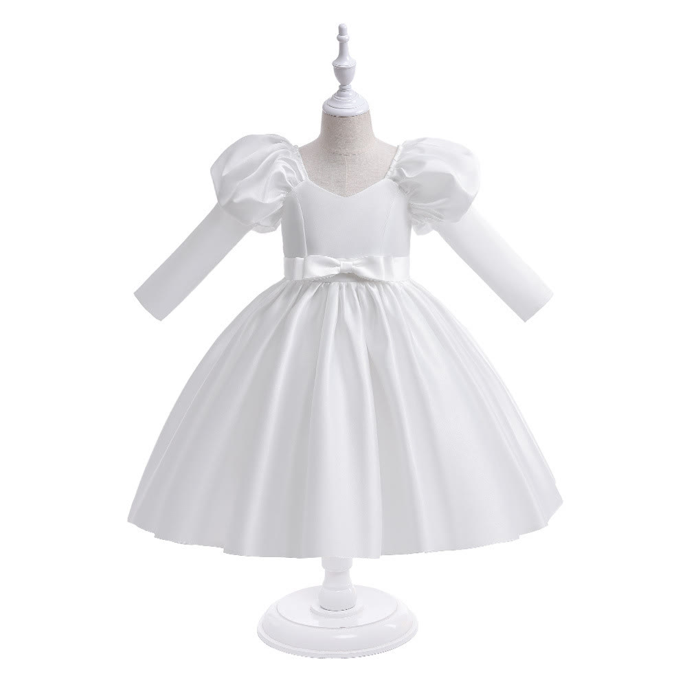Satin Bow Long Sleeve Midi Dresses - White - 11-12Y - image 22
