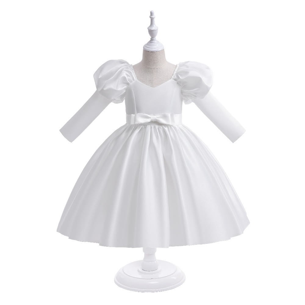 Satin Bow Long Sleeve Midi Dresses - White - 11-12Y - image 22