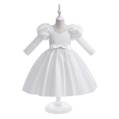 Satin Bow Long Sleeve Midi Dresses - White - 11-12Y - image 22