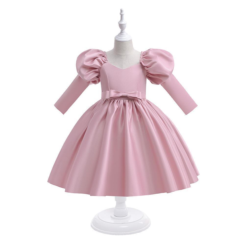Satin Bow Long Sleeve Midi Dresses - Pink - 11-12Y - image 28