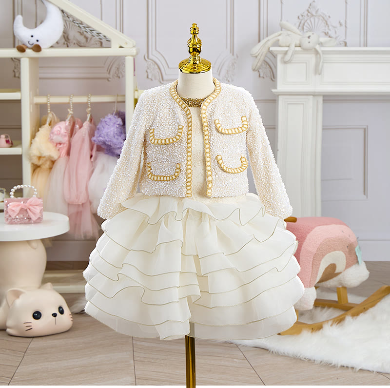 Glitter Folds Long Sleeve Midi Two-piece Set&tops - White - 12-13Y - image 1