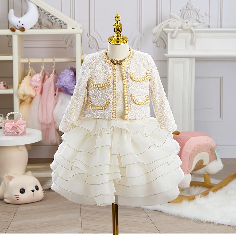 Glitter Folds Long Sleeve Midi Two-piece Set&tops - White - 12-13Y - image 1