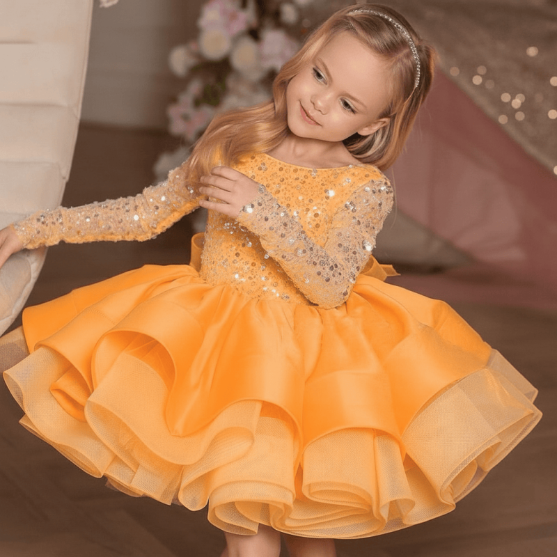 Glitter Bow Long Sleeve Midi Dresses - Orange - 12-13Y - image 4