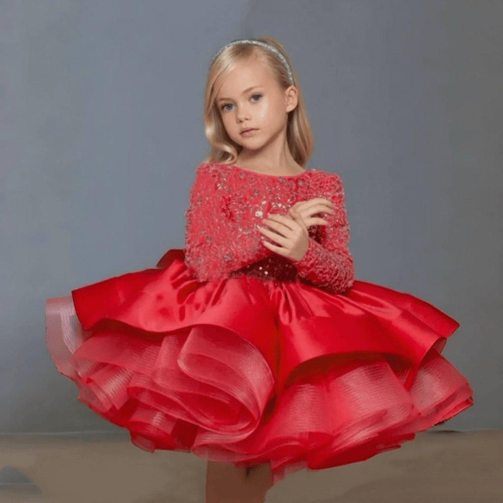 Glitter Bow Long Sleeve Midi Dresses - Red - 12-13Y - image 5