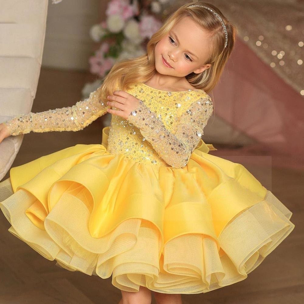 Glitter Bow Long Sleeve Midi Dresses - Yellow - 12-13Y - image 6