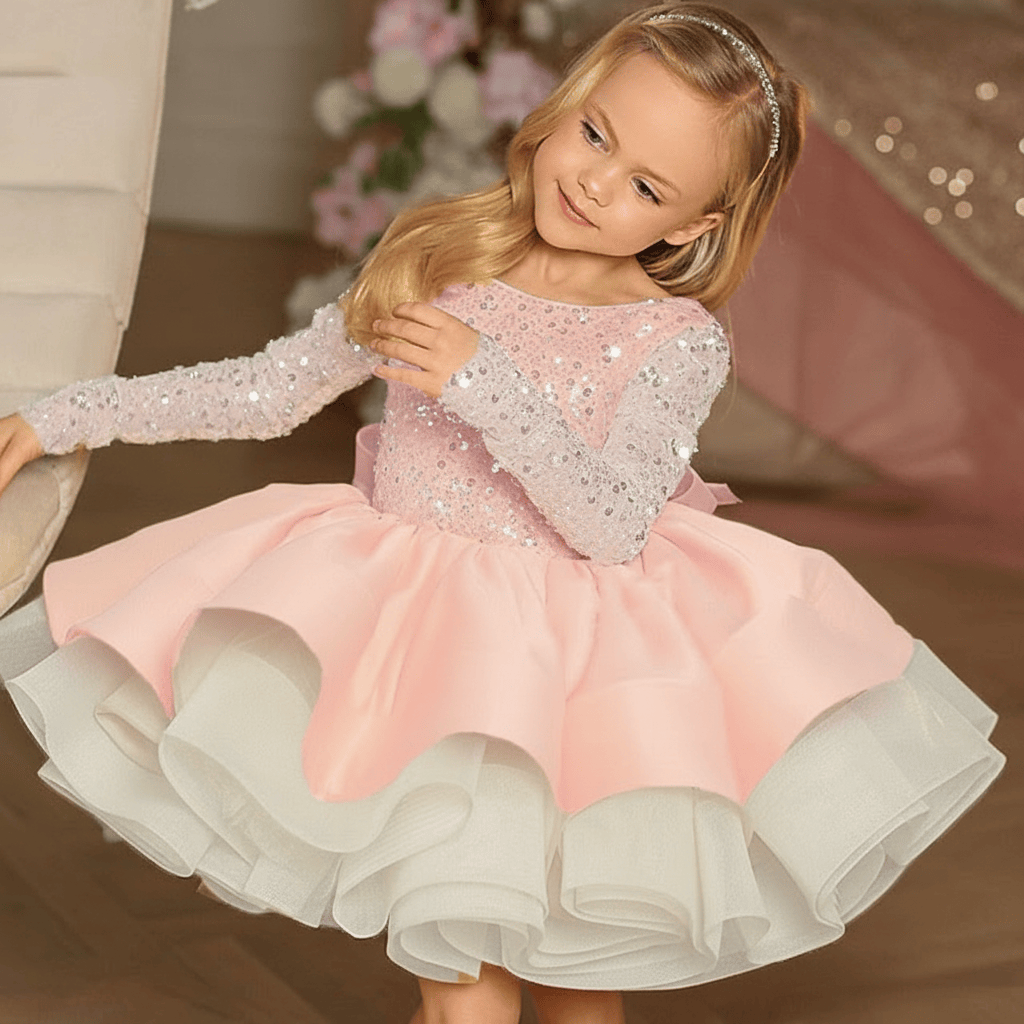 Glitter Bow Long Sleeve Midi Dresses - Pink - 12-13Y - image 7