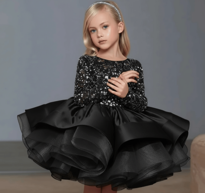 Glitter Bow Long Sleeve Midi Dresses - Black - 12-13Y - image 8