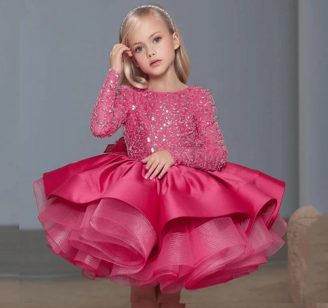 Glitter Bow Long Sleeve Midi Dresses - Rose - 12-13Y - image 9