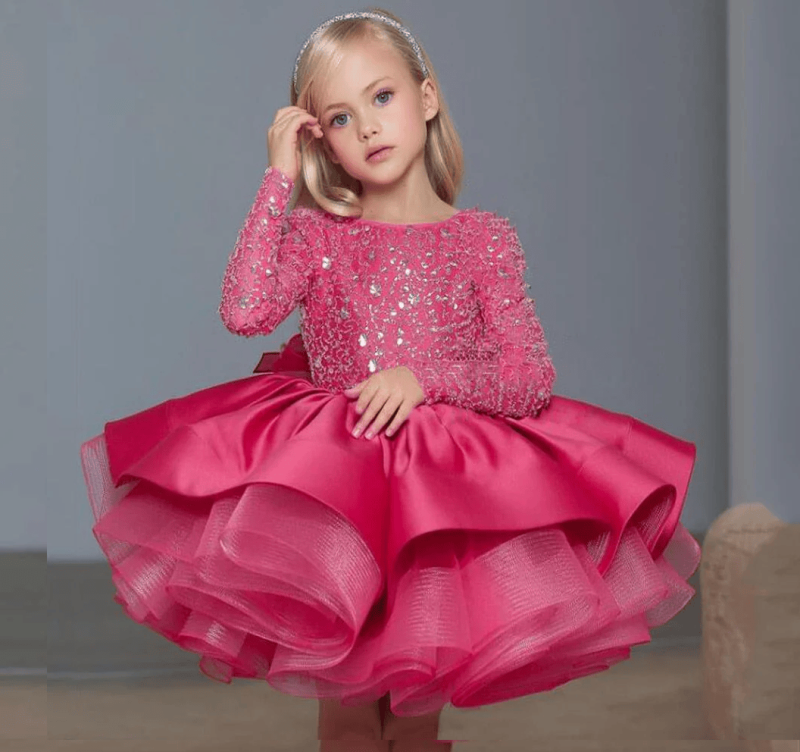 Glitter Bow Long Sleeve Midi Dresses - Rose - 12-13Y - image 9