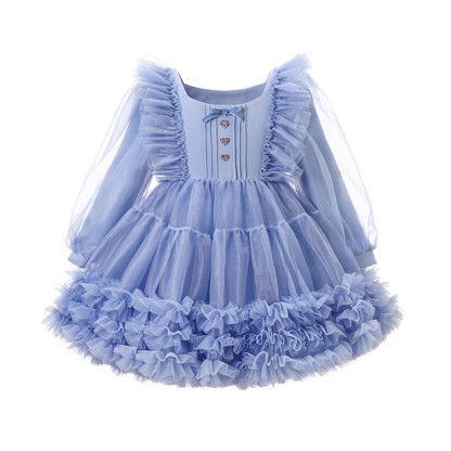 [Archive Sale] Mesh Folds Bow Long Sleeve Regular Dresses - Blue Dress - 90cm - image 1