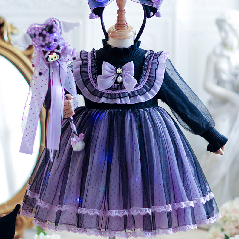 [Archive Sale] Yarn/wool Yarn Folds Lace Long Sleeve Mid-long Dresses - Purple - 110cm - image 1