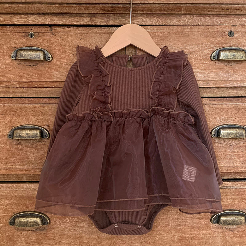 [Archive Sale] Cotton Flouncing Long Sleeve Regular Bodysuit - Coffee - 90cm - image 1