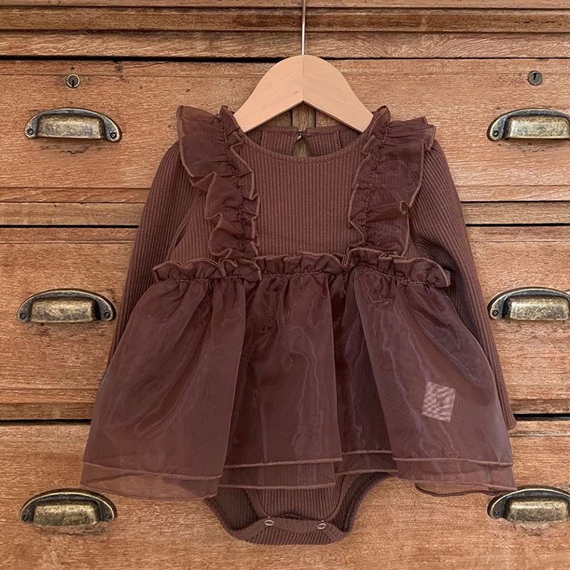 [Archive Sale] Cotton Flouncing Long Sleeve Regular Bodysuit - Coffee - 90cm - image 1