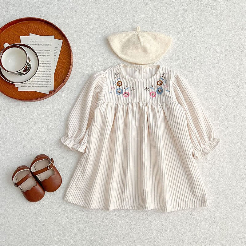 Corduroy Ditsy Floral Long Sleeve Mid-long Dresses&Bodysuit - Apricot Dress - 90cm - image 15