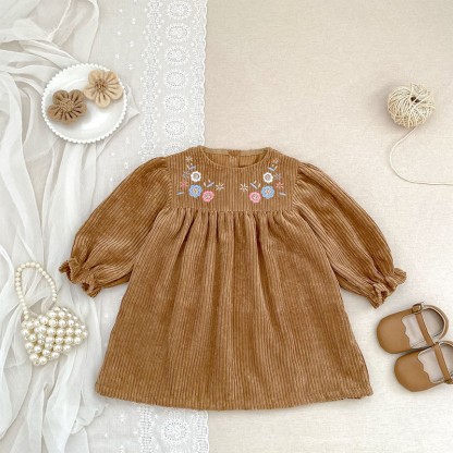 Corduroy Ditsy Floral Long Sleeve Mid-long Dresses&Bodysuit - Brown Dress - 90cm - image 2