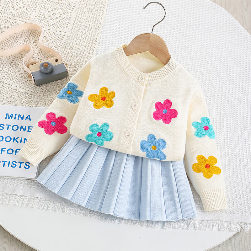 [Archive Sale] Yarn/wool Yarn Embroidery Long Sleeve Regular Two-piece Set - White - 100cm - image 1
