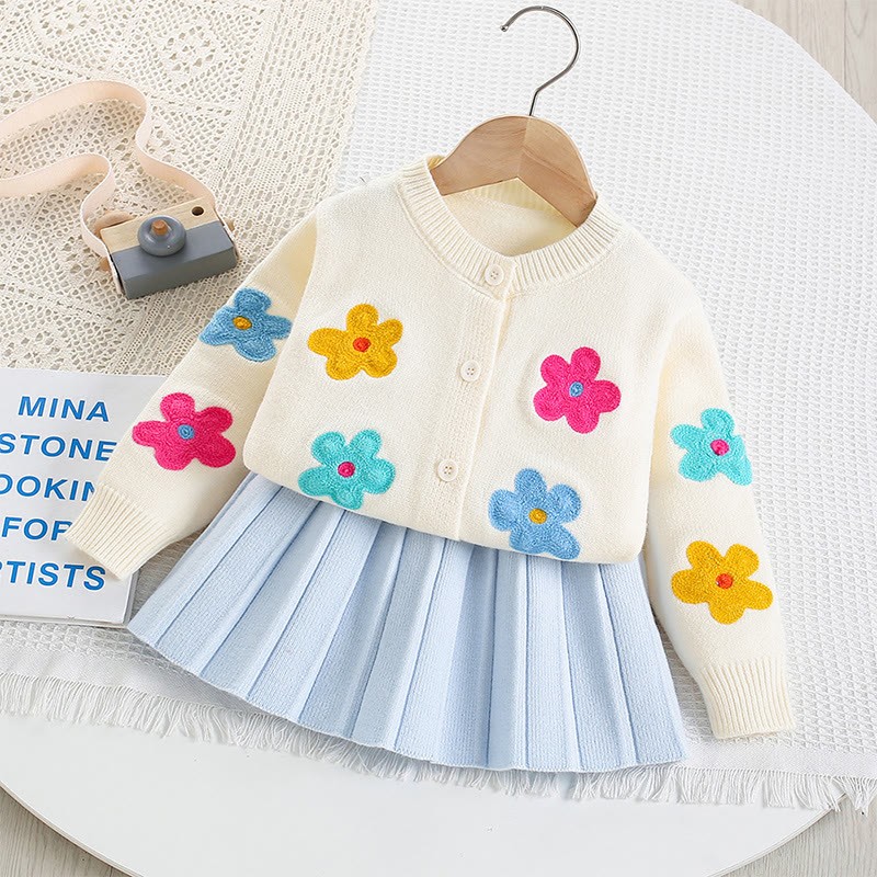 [Archive Sale] Yarn/wool Yarn Embroidery Long Sleeve Regular Two-piece Set - White - 100cm - image 1
