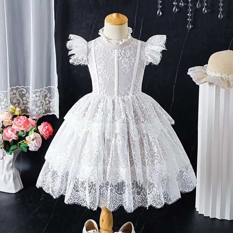Lace Folds Cap Sleeve Midi Dresses - White - 7Y - image 1