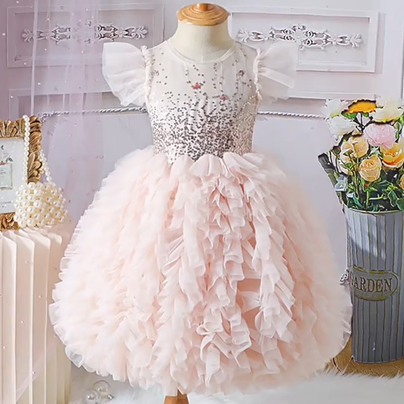 [Archive Sale] Glitter Split Joint Cap Sleeve Midi Dresses - Pink - 4Y - image 1