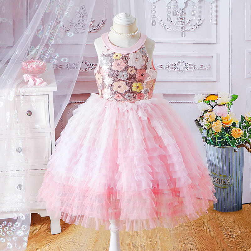 Glitter Split Joint Sleeveless Midi Dresses - Pink - 7Y - image 1