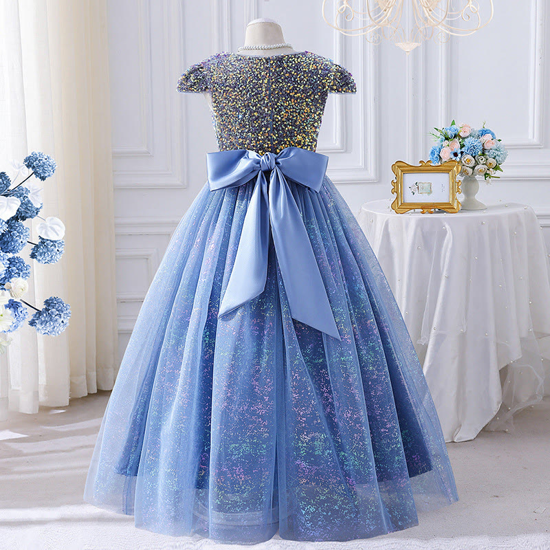 Glitter Split Joint Cap Sleeve Maxi Dresses - Light Blue - 12Y - image 1