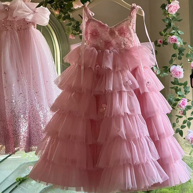 Mesh Split Joint Sleeveless Maxi Dresses - Pink - 11-12Y - image 1