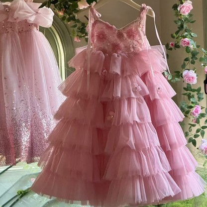 Mesh Split Joint Sleeveless Maxi Dresses - Pink - 11-12Y - image 1